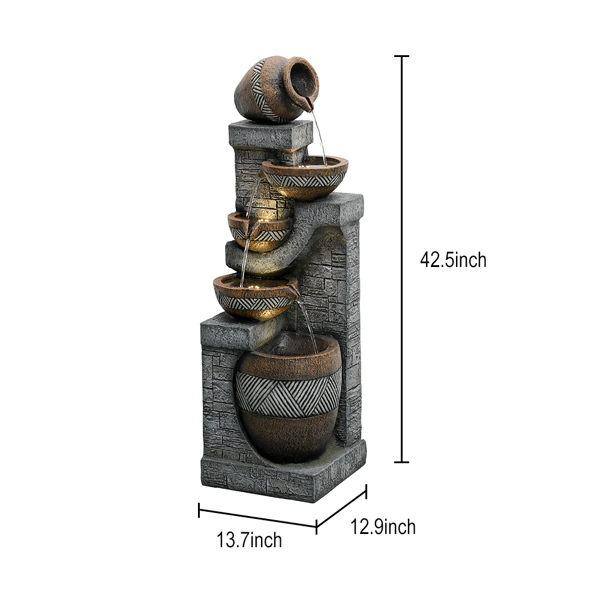 Decorative water fountain with tiered bowls and measurements on a white background