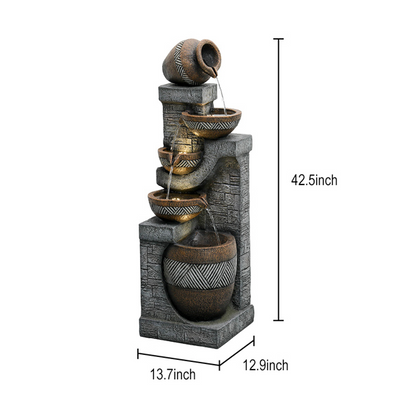 Decorative water fountain with tiered bowls and measurements on a white background
