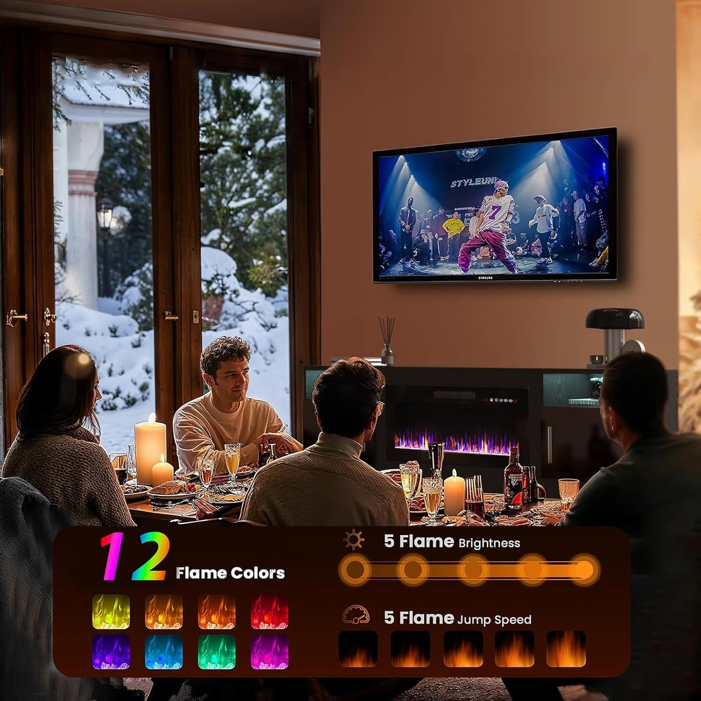80 Inch TV Stand Electric Fireplace with LED Lighting Black