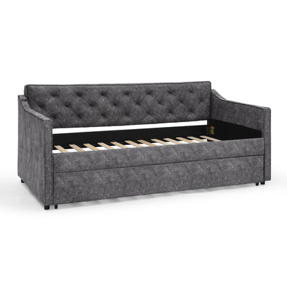 Grey Velvet Mid-Century Style Twin Upholstered Daybed with Pop-Up