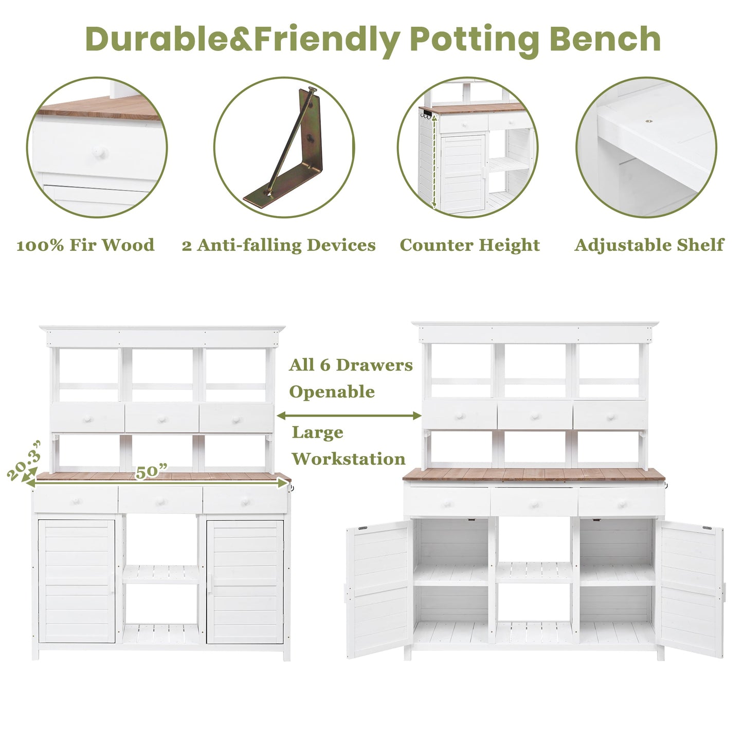 65.7'' H Tall Fir Wood Garden Potting Bench Table with Hutch