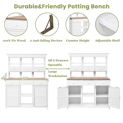 65.7'' H Tall Fir Wood Garden Potting Bench Table with Hutch