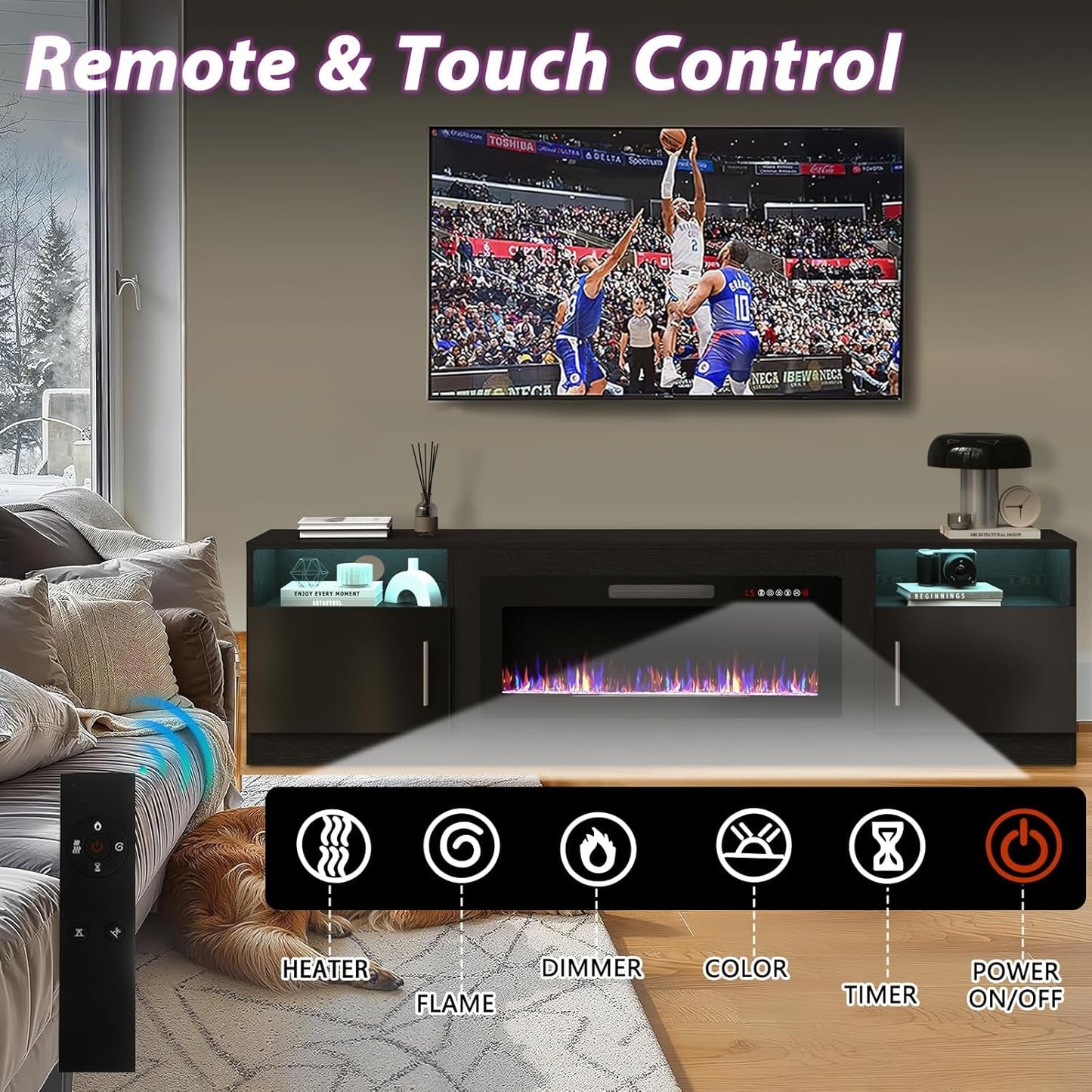 80 Inch TV Stand Electric Fireplace with LED Lighting Black