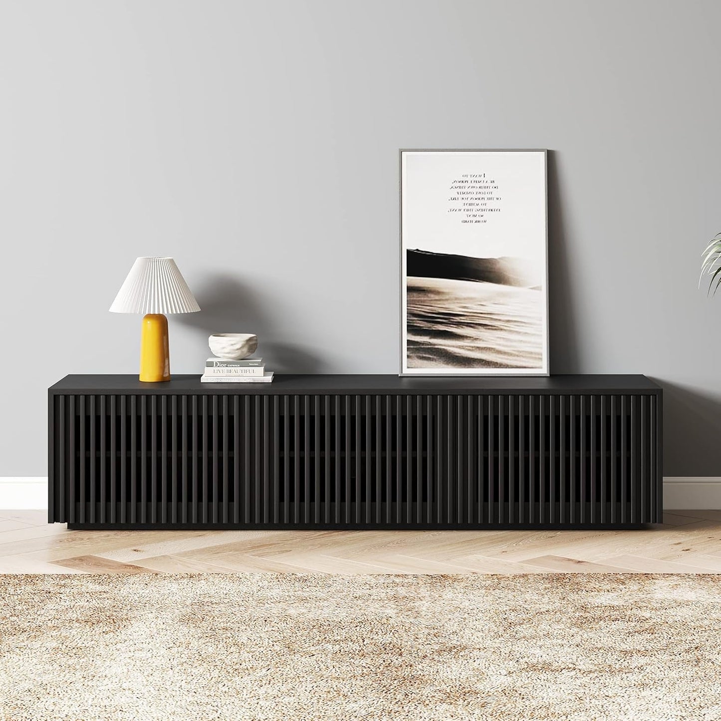 65 Inch Black Solid Wood TV Stand with Oak Veneer Finish
