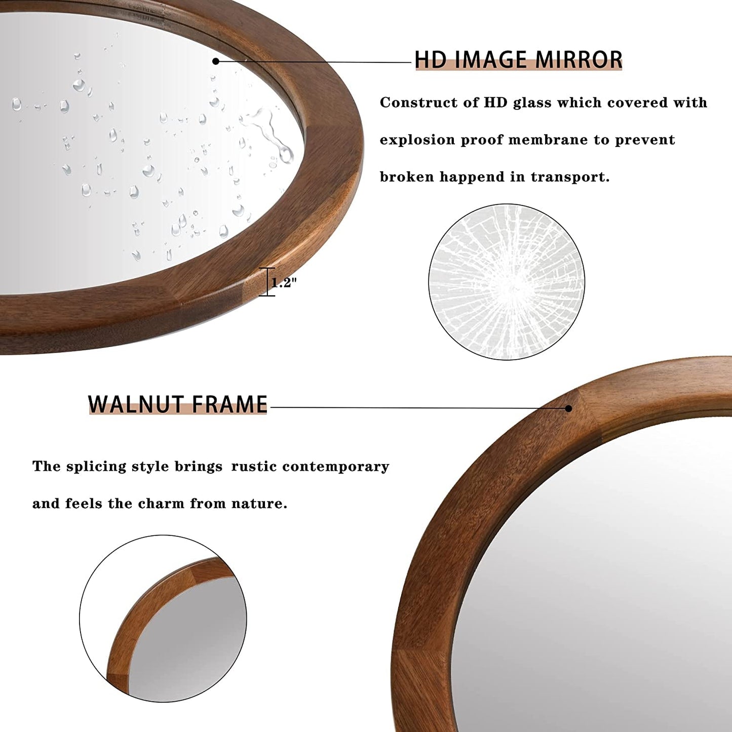 Walnut Frame Rustic Wooden Wall Mirror for Bedroom Decor