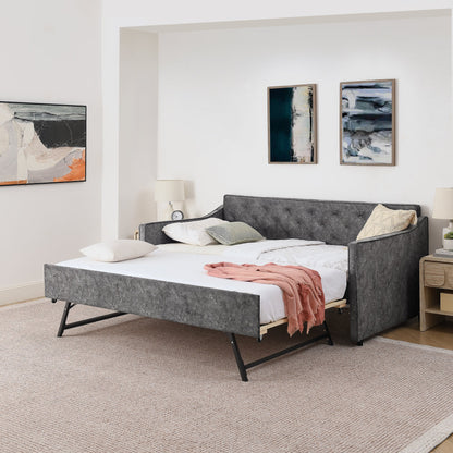 Grey Velvet Mid-Century Style Twin Upholstered Daybed with Pop-Up