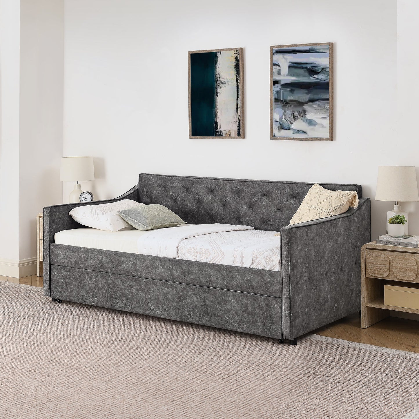Grey Velvet Mid-Century Style Twin Upholstered Daybed with Pop-Up