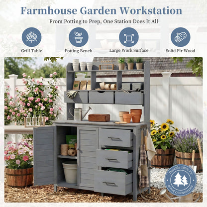 Farmhouse Patio Potting Bench, 44.6''x19.5'' Large Freestanding Garden