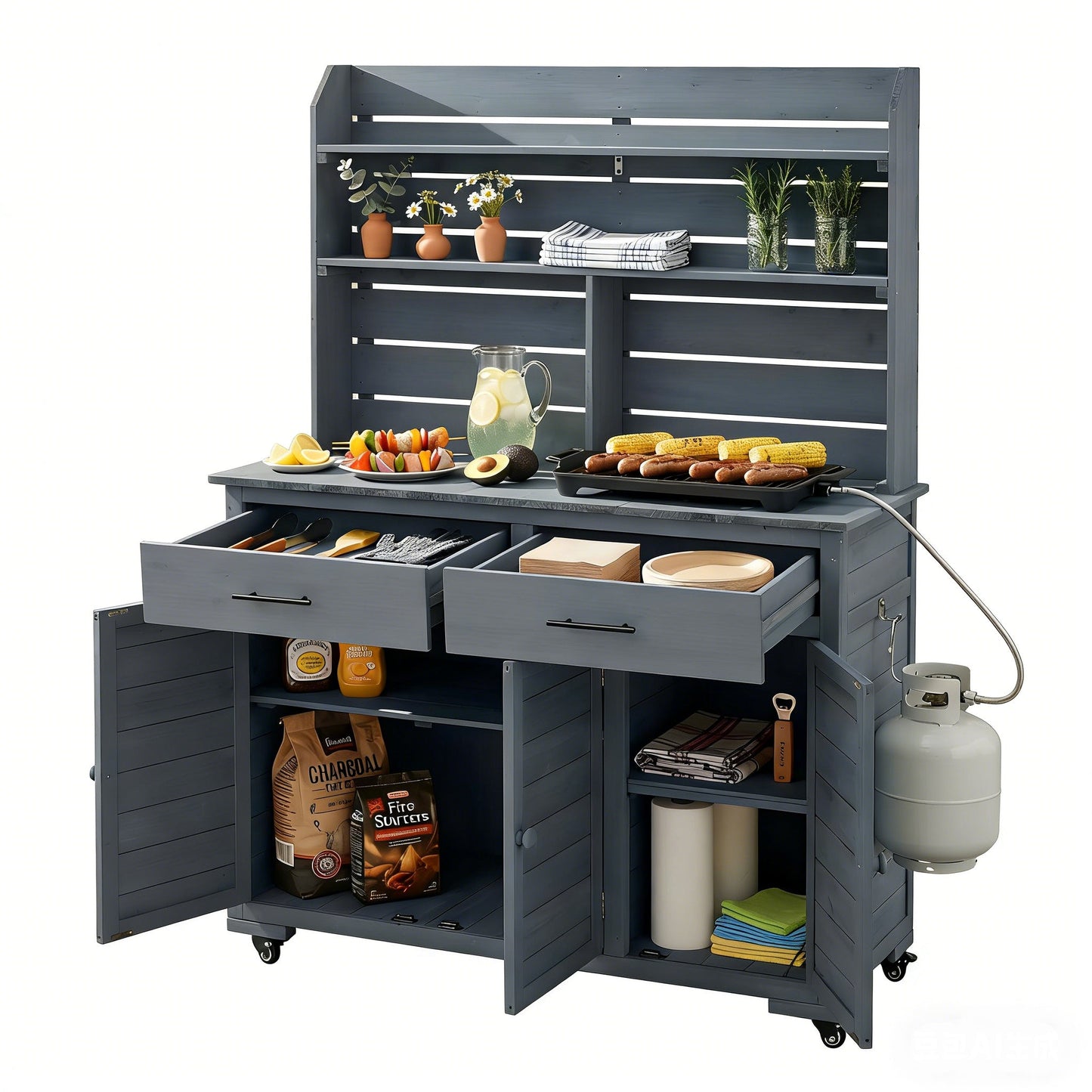 65''H Large Garden Potting Bench with Lockable Wheels and Storage