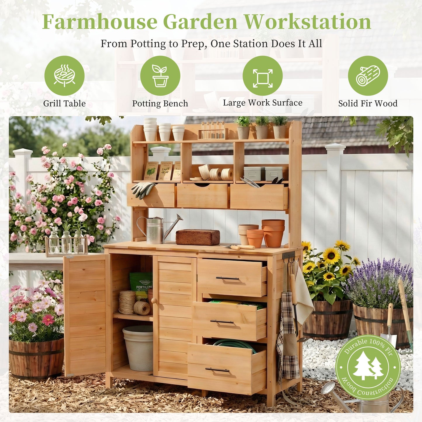 Farmhouse Patio Potting Bench, 44.6''x19.5'' Large Freestanding Garden