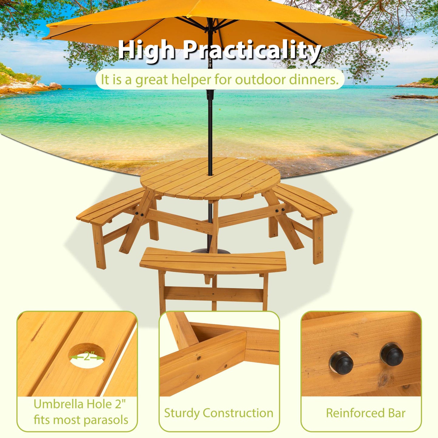 Circular Outdoor Wooden Picnic Table for Patio & Garden