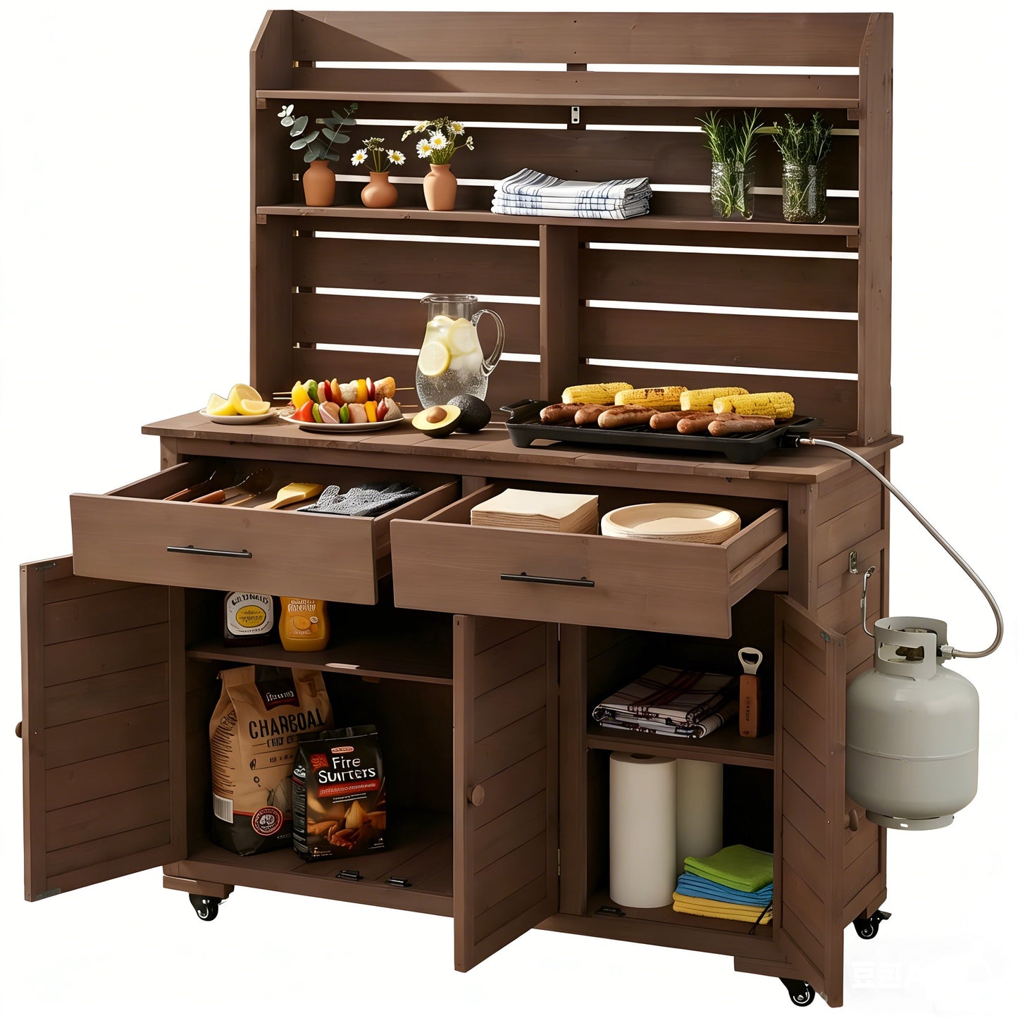 65''H Large Garden Potting Bench with Lockable Wheels and Storage