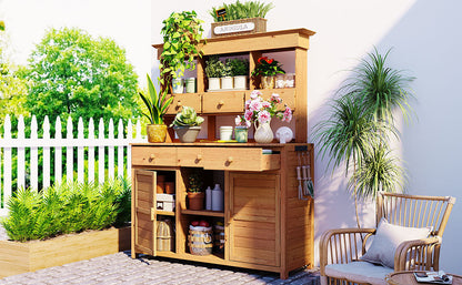 65.7'' H Tall Fir Wood Garden Potting Bench Table with Hutch