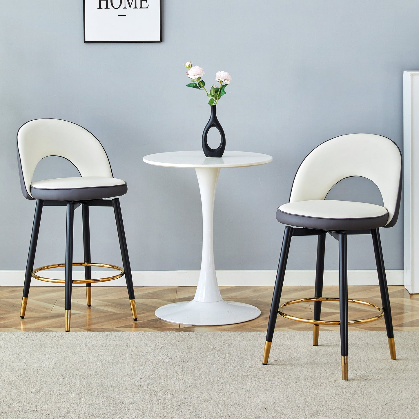 Modern White & Dark Gray Spliced PU Upholstered Rotating Bar Chair Set
