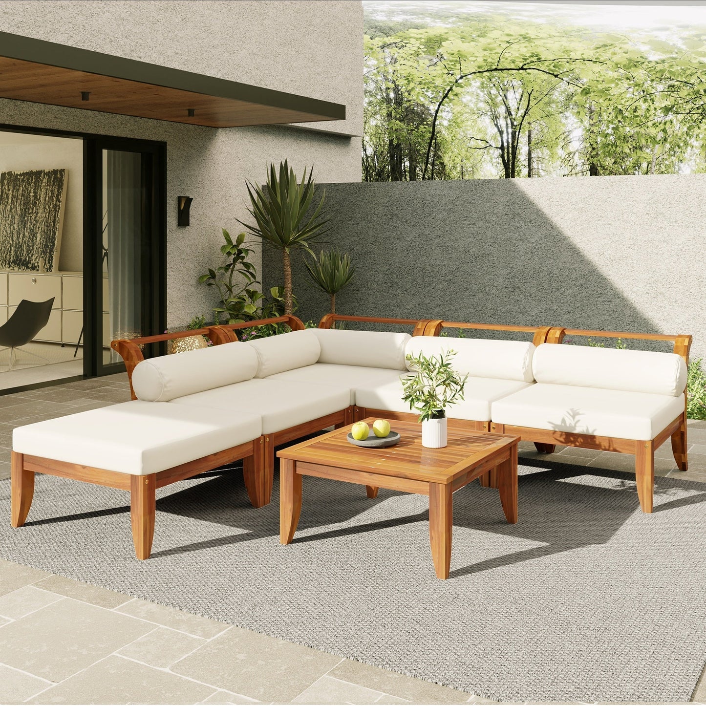 6 Piece Acacia Wood Modular Patio Sofa Set with Cushions