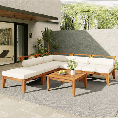 6 Piece Acacia Wood Modular Patio Sofa Set with Cushions