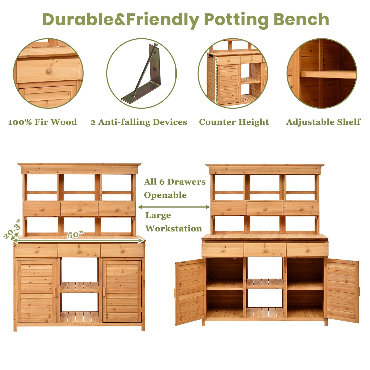 65.7'' H Tall Fir Wood Garden Potting Bench Table with Hutch