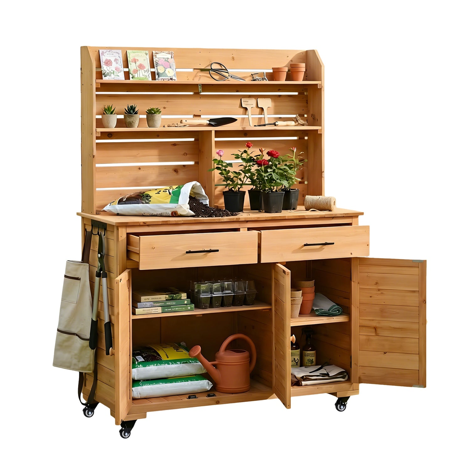65''H Large Garden Potting Bench with Lockable Wheels and Storage