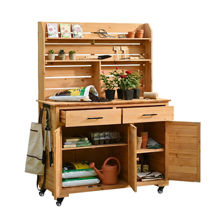 65''H Large Garden Potting Bench with Lockable Wheels and Storage