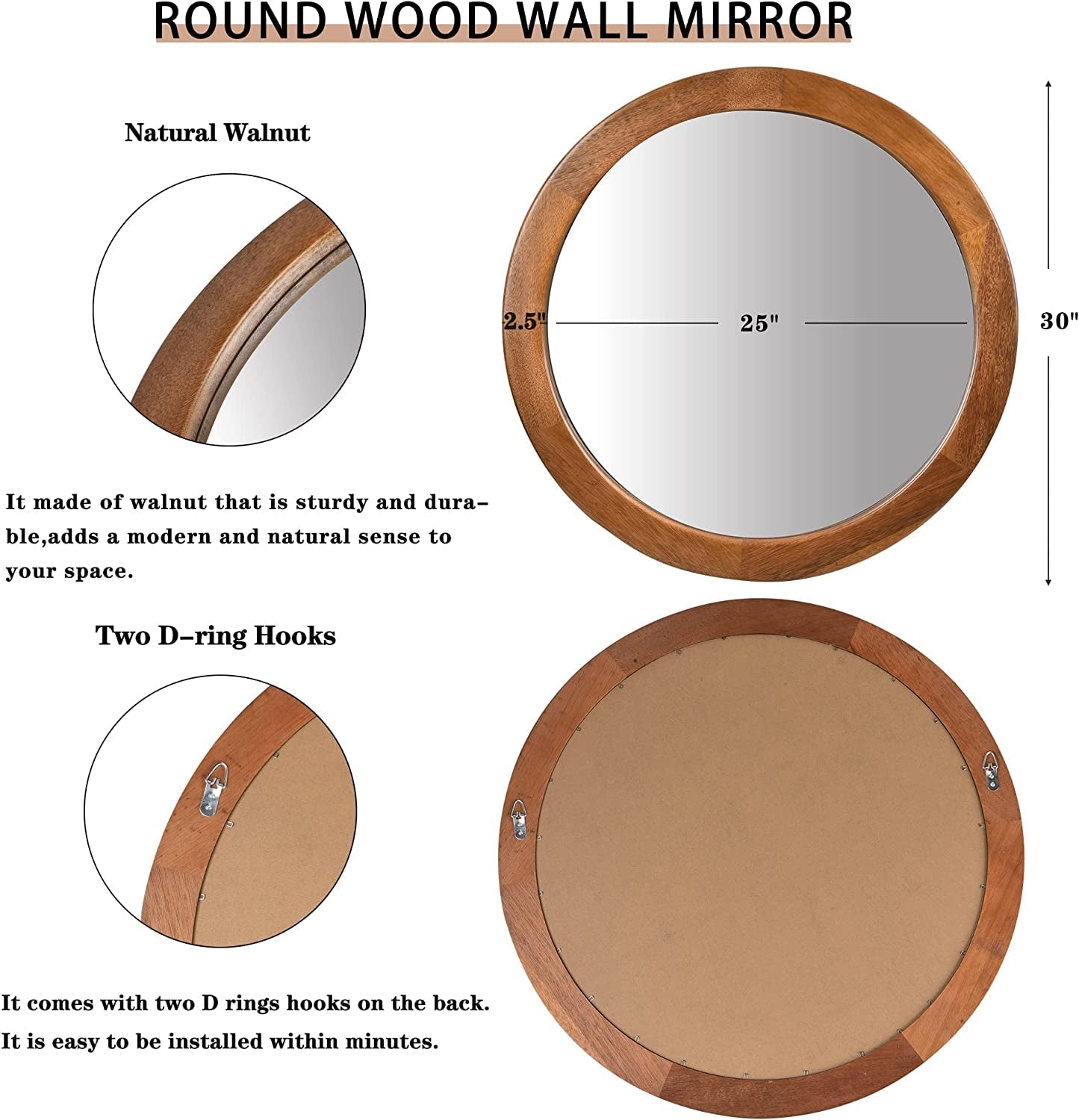Walnut Frame Rustic Wooden Wall Mirror for Bedroom Decor
