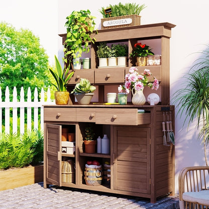 65.7'' H Tall Fir Wood Garden Potting Bench Table with Hutch