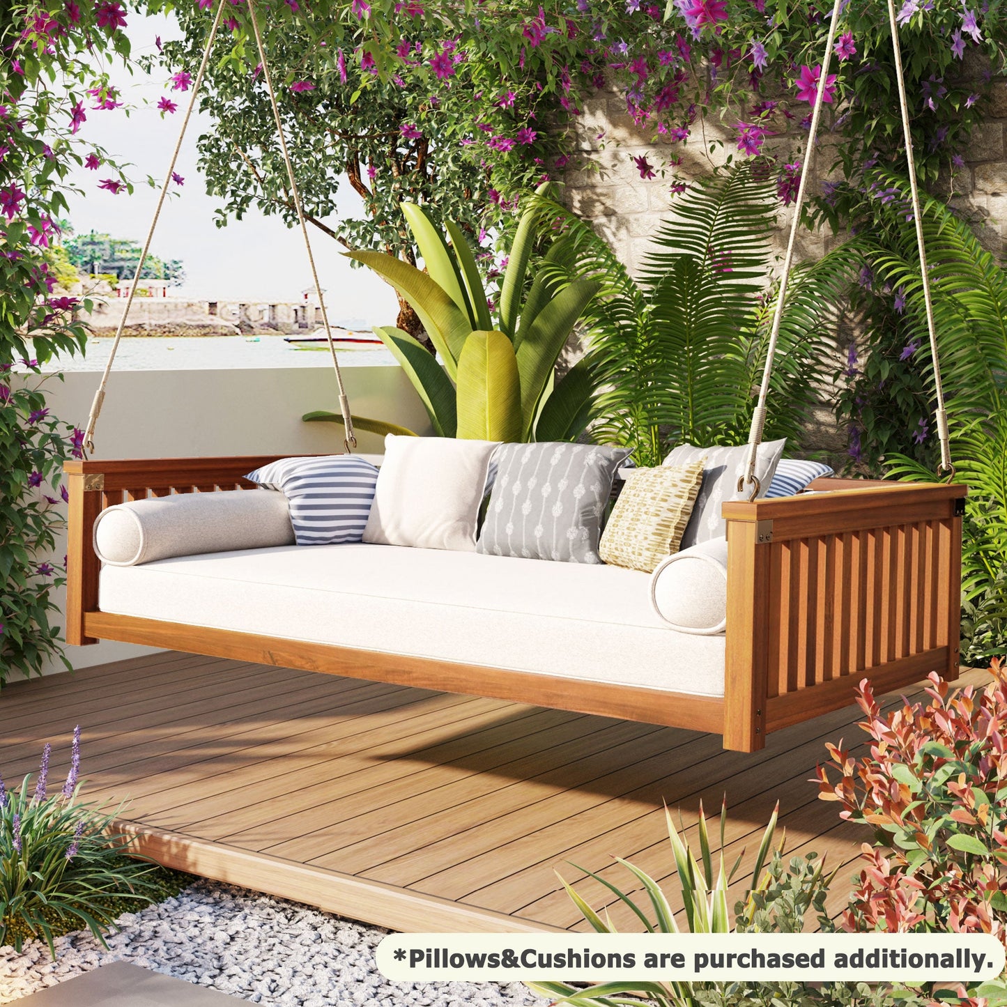 Patio Minimalist Twin Size Garden Swing Bed Wood Porch Swing