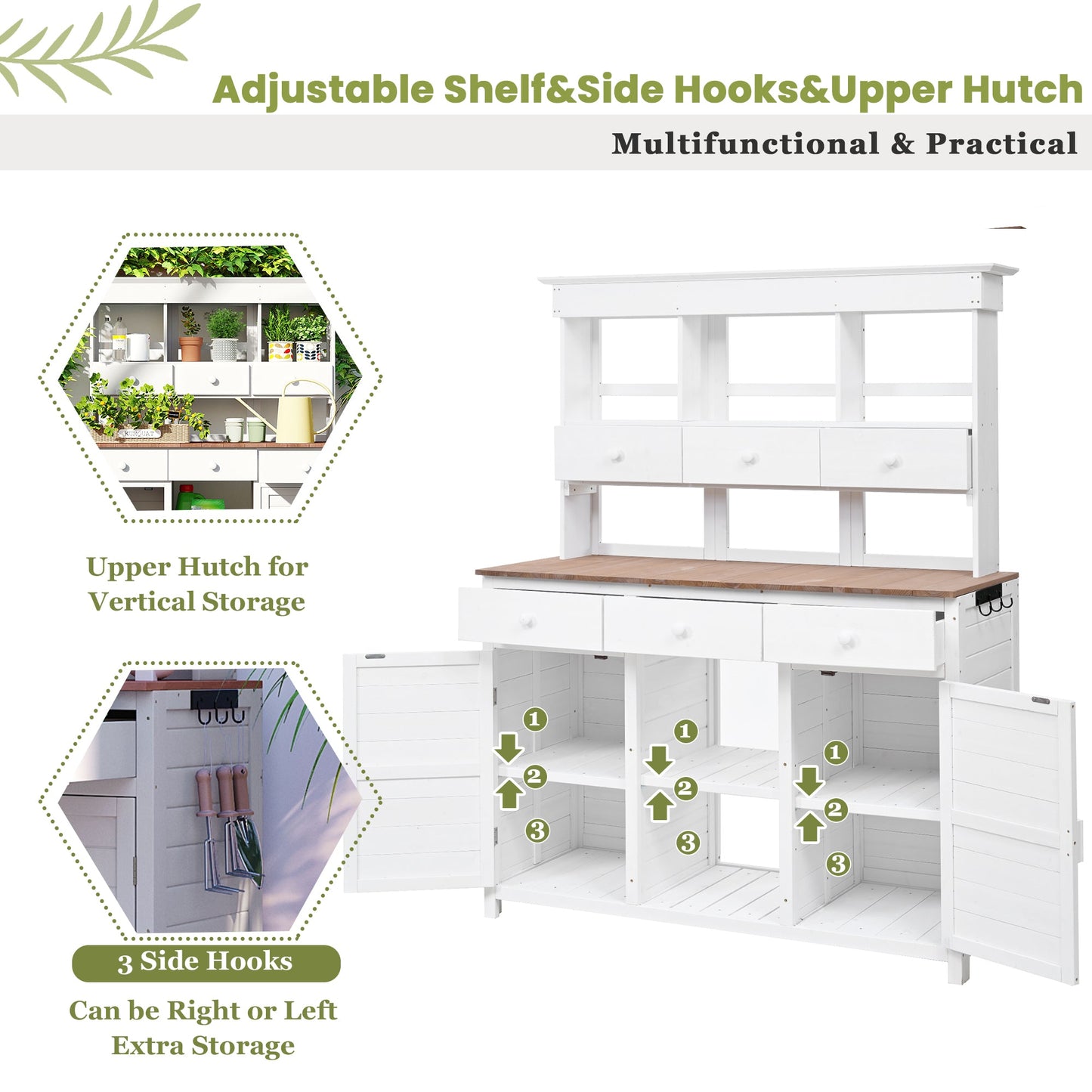 65.7'' H Tall Fir Wood Garden Potting Bench Table with Hutch
