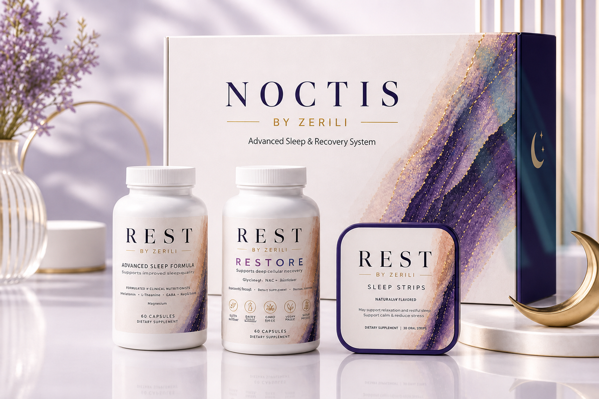 NOCTIS by Zerili night routine with REST Advanced Sleep Formula, REST Restore and REST Sleep Strips