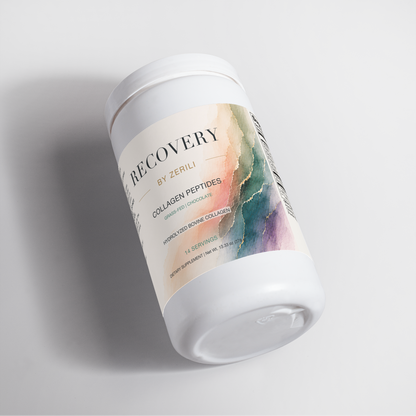 Recovery by Zerili Collagen Peptides (Chocolate) tub shown at an angle on a light background.
