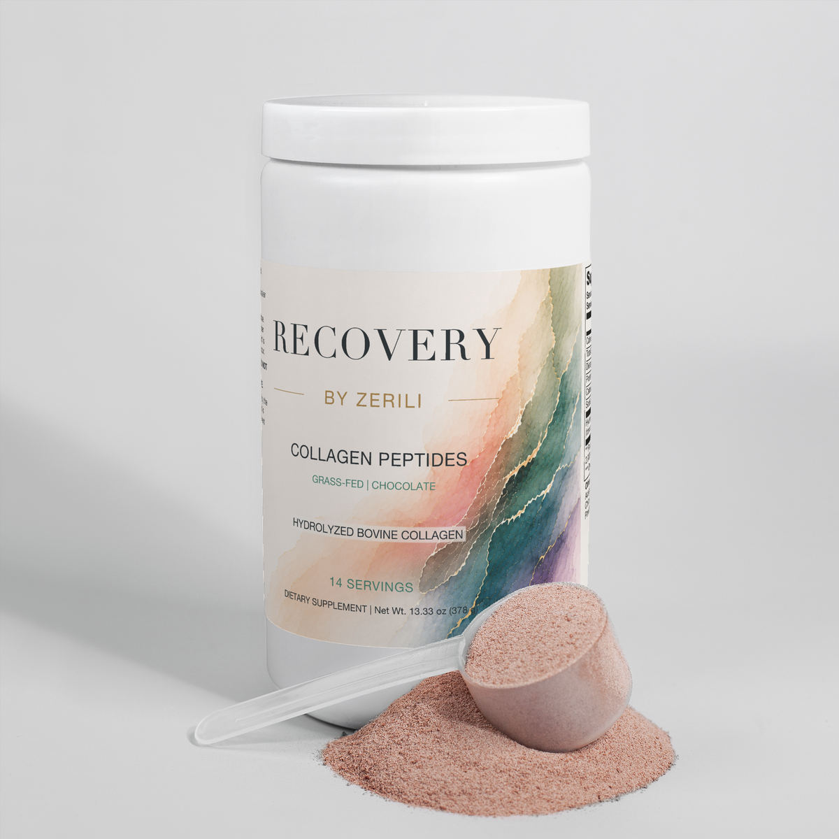 Recovery by Zerili Collagen Peptides (Chocolate) tub with a scoop and light brown collagen powder.