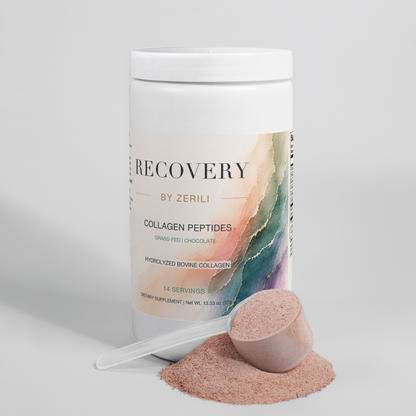 Recovery by Zerili Collagen Peptides (Chocolate) tub with a scoop and light brown collagen powder.