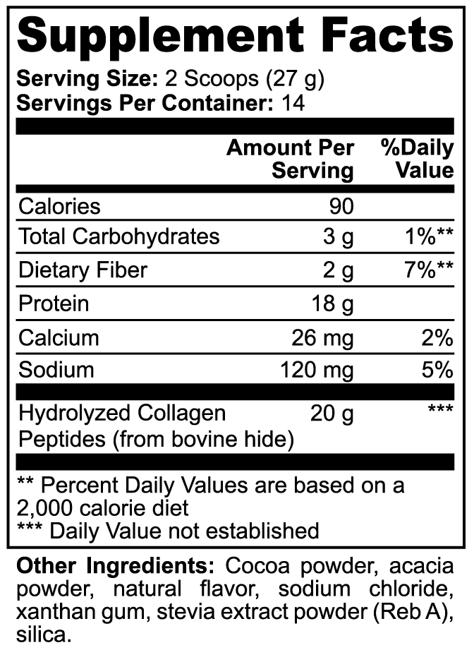 Supplement Facts and ingredients for Recovery by Zerili Collagen Peptides (Chocolate).