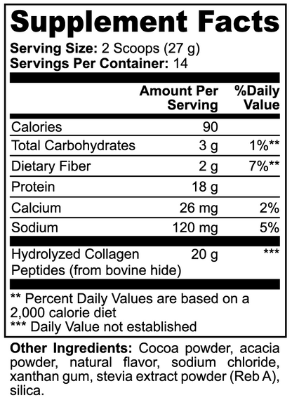 Supplement Facts and ingredients for Recovery by Zerili Collagen Peptides (Chocolate).