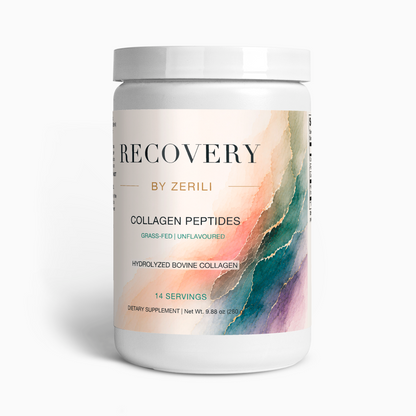 Recovery by Zerili Collagen Peptides (Unflavoured), white supplement tub with peach, teal and purple label artwork.