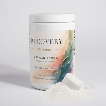 Recovery by Zerili Collagen Peptides (Unflavoured) tub with a scoop of white collagen powder in front.
