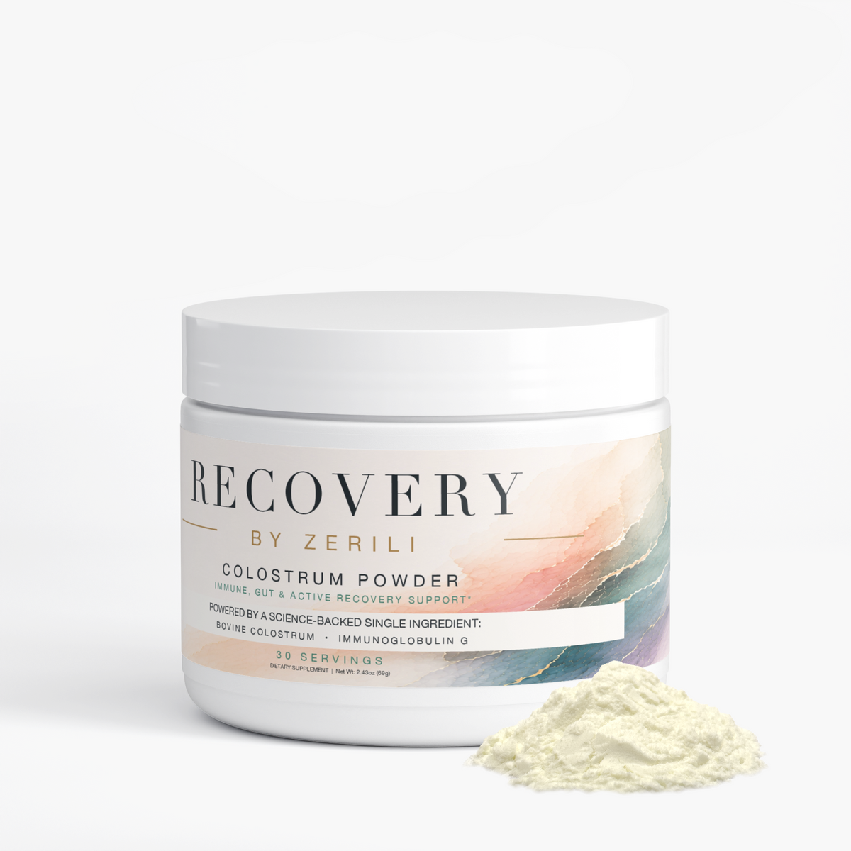 A white plastic tub of Recovery Colostrum Powder by Zerili, shown on a clean white background with a small pile of the light beige powder in front of the container.