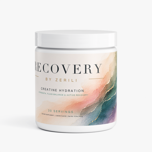 A white plastic tub of Zerili Recovery Creatine Hydration supplement with a colorful abstract watercolor label on a clean white background.
