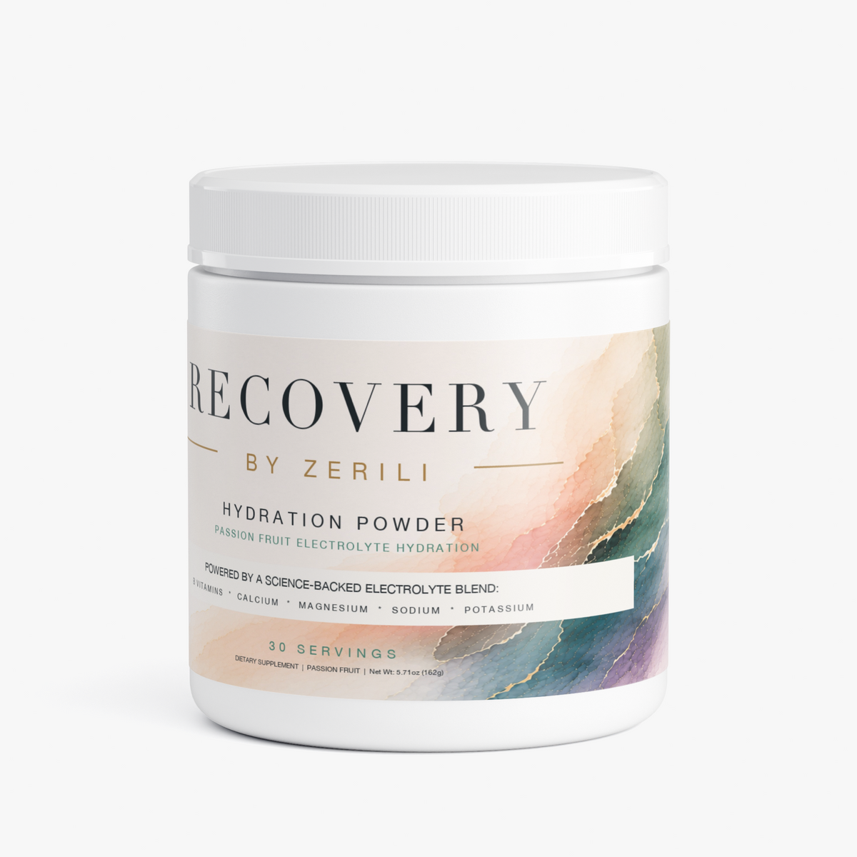 Recovery Hydration Powder (Passion Fruit) by Zerili white tub with a pastel label.