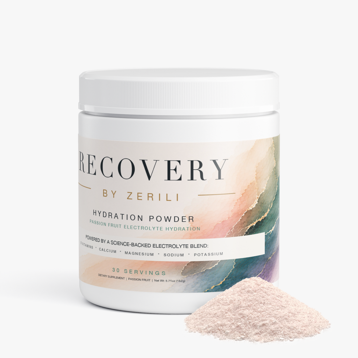 Recovery Hydration Powder (Passion Fruit) by Zerili tub with a pile of powder on a white background.