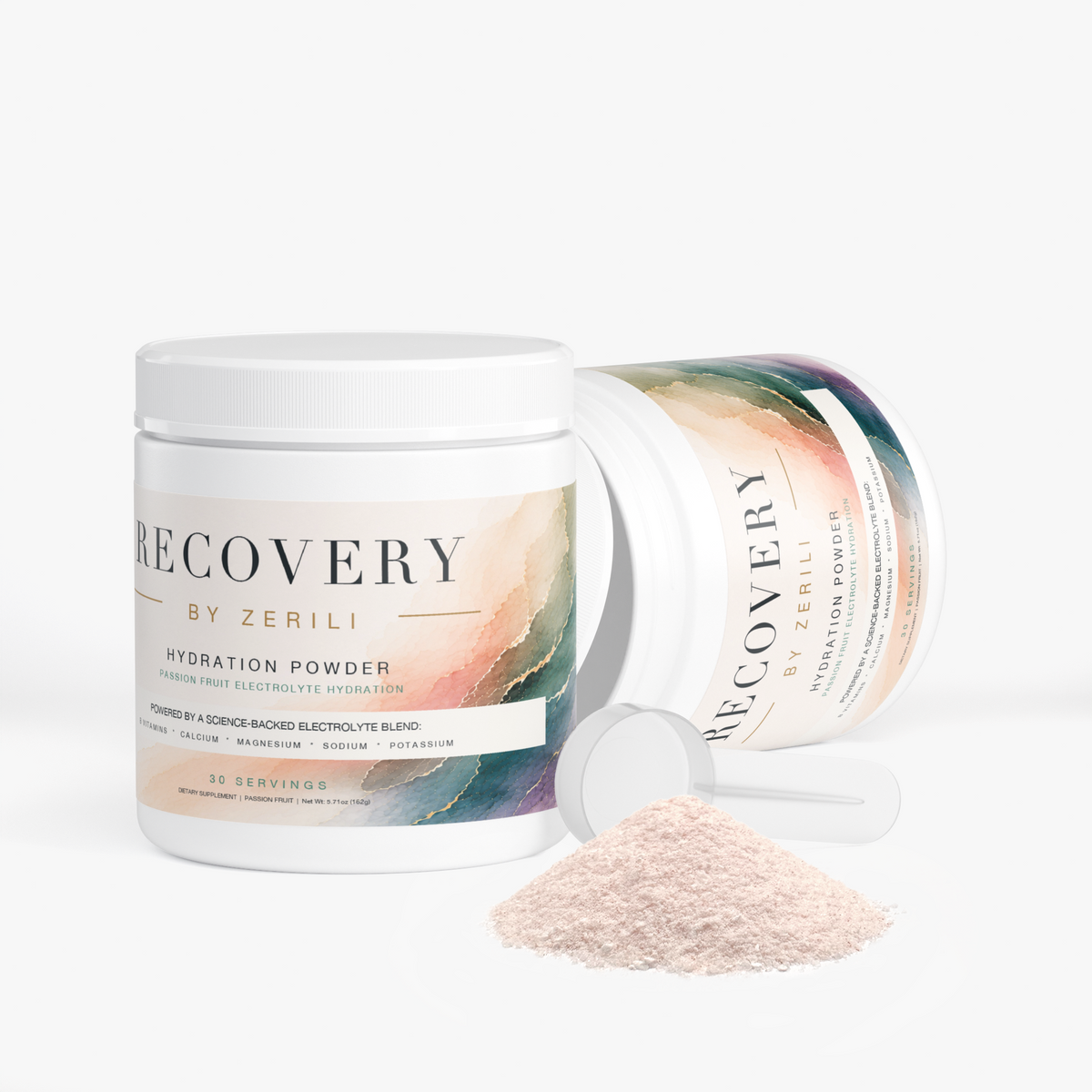 Recovery Hydration Powder (Passion Fruit) by Zerili with a scoop and powder on a white background.