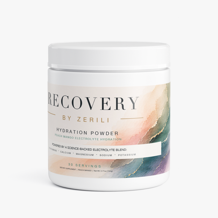Recovery Hydration Powder (Peach Mango) by Zerili white tub with a pastel label.