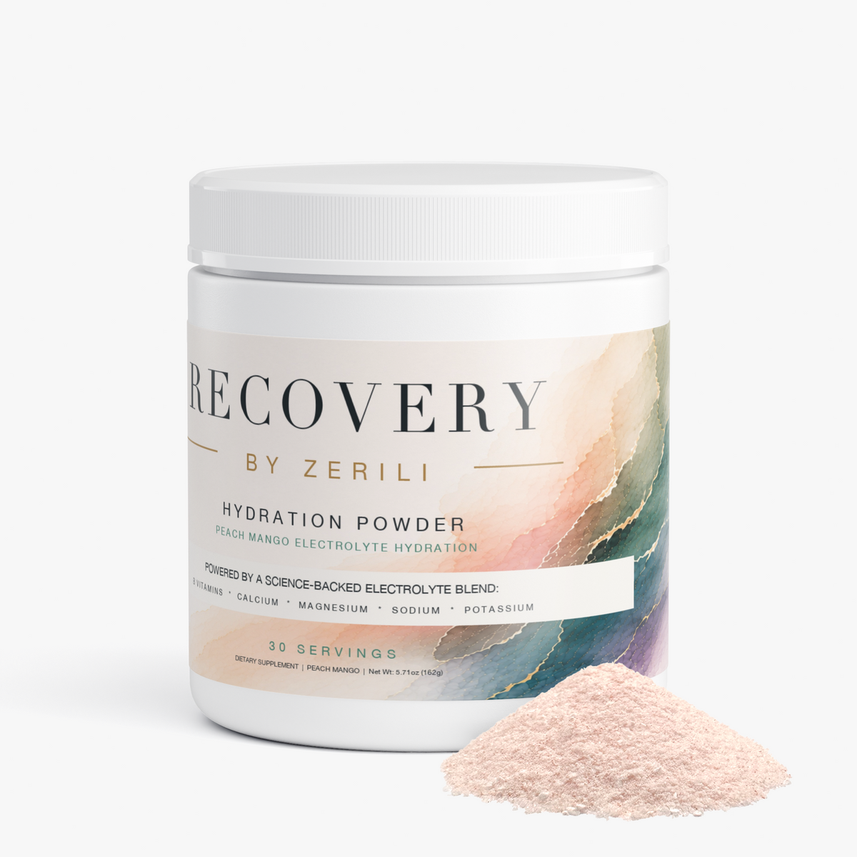 Recovery Hydration Powder (Peach Mango) by Zerili tub with a pile of powder on a white background.