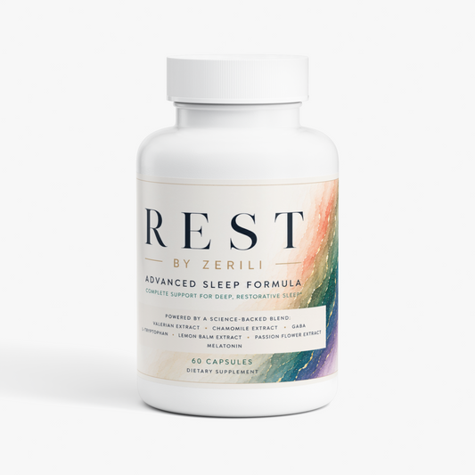 A white plastic bottle of REST by Zerili Advanced Sleep Formula dietary supplement, featuring a clean white label with black text and a colorful abstract watercolor design on the right side, set against a plain white background.