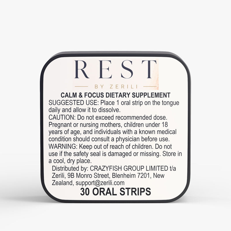 Zerili Rest Calm Focus Strips tin, front label showing directions, warnings and 30 oral strips.