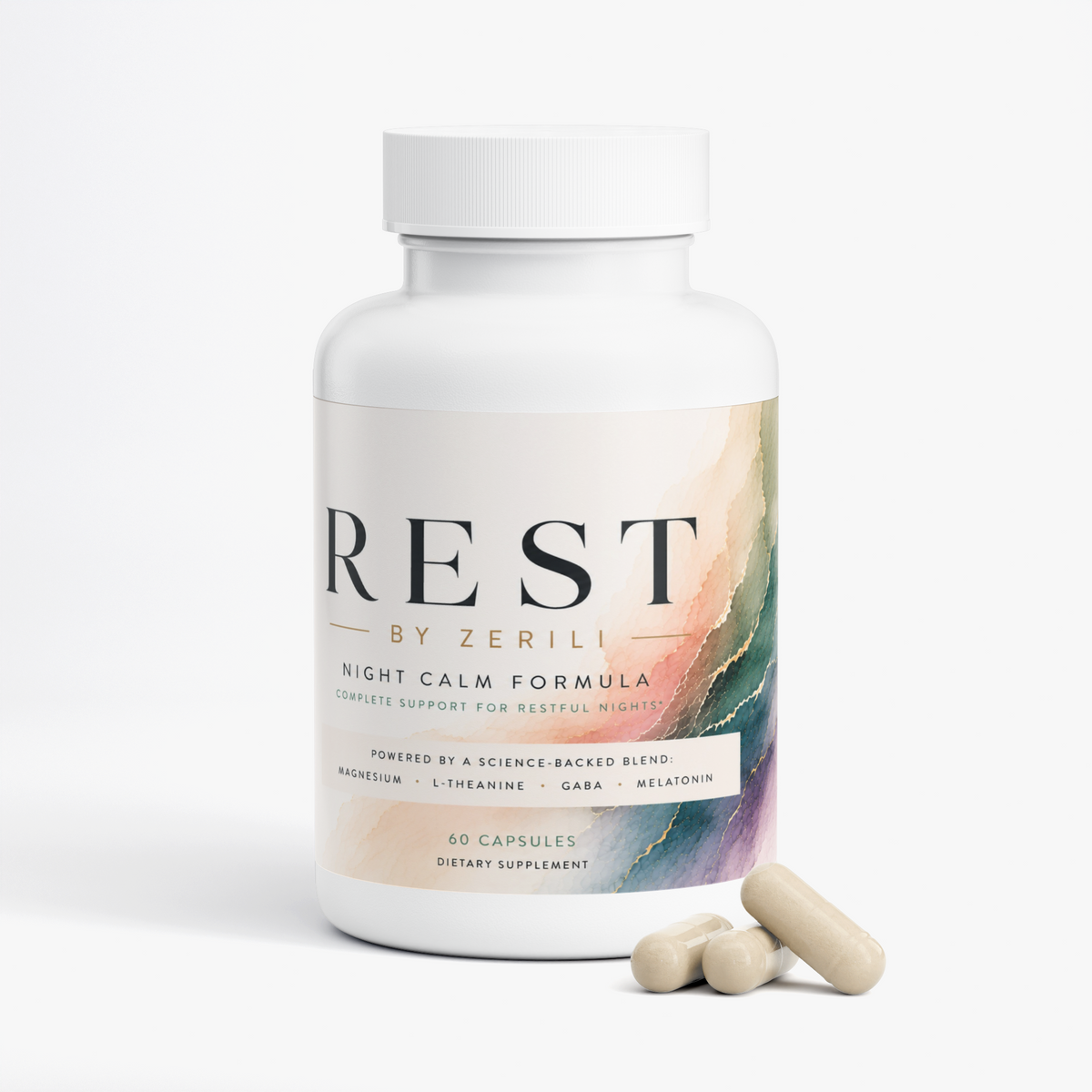 A white bottle of REST by Zerili Night Calm Formula dietary supplement with three beige capsules in the foreground, set against a clean white background.