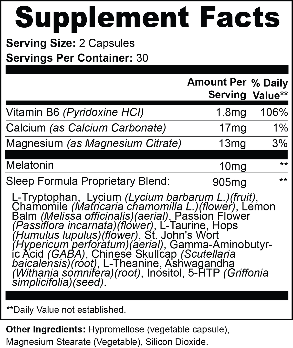 Rest Night Calm Formula by Zerili supplement facts panel.