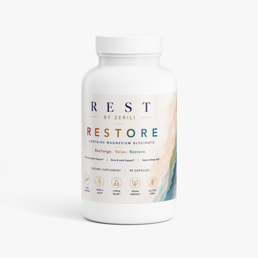 A white bottle of Rest Restore with Magnesium Glycinate by Zerili on a white background.