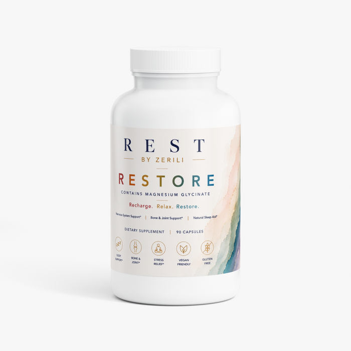 A white bottle of Rest Restore with Magnesium Glycinate by Zerili on a white background.