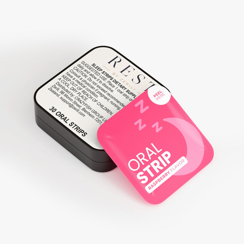 Zerili Rest Sleep Strips tin with raspberry-flavour oral strip sachet, angled view.