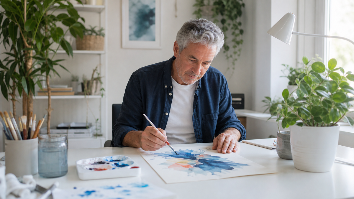 Man painting a blue and coral watercolour at a white desk in a bright home with houseplants.